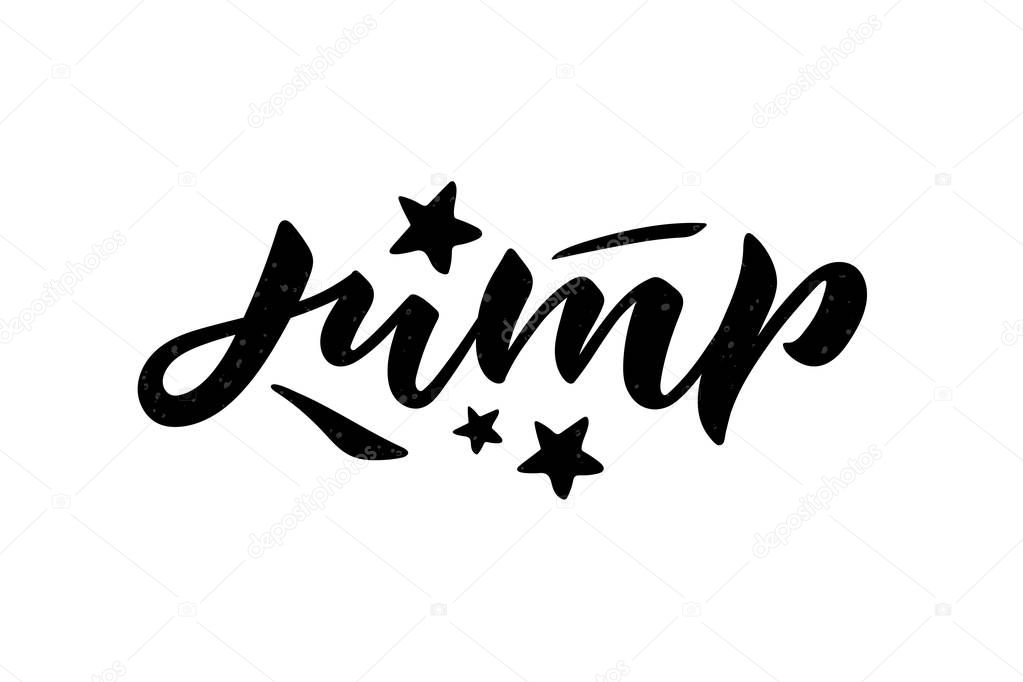 Vector illustration of Jump prase. Brush lettering calligraphy for birthday party, poster. Trampoline park concept. Healthy active sport. Bounce party decoration. EPS 10