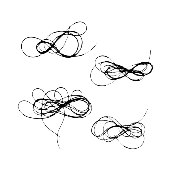 Set of tangled threads. Scribble nest, cloud. Black line abstract sketch. Vector illustration of chaotic doodle shapes. — Stock Vector