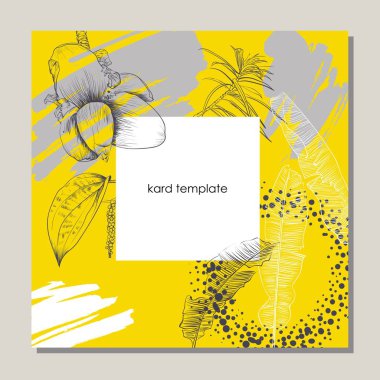 Yeşillik tebrik davetiye kartı şablonu tasarım, çiçek ve yaprakları elle çizilmiş doodle grafik ile beyaz zemin üzerine, mor ve yeşil tonları