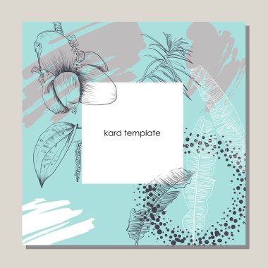 Yeşillik tebrik davetiye kartı şablonu tasarım, çiçek ve yaprakları elle çizilmiş doodle grafik ile beyaz zemin üzerine, mor ve yeşil tonları