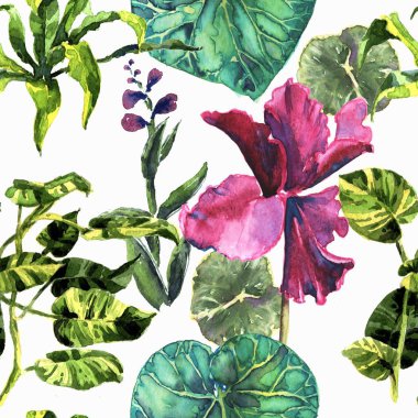 Kusursuz tropikal çiçek, bitki ve yaprak desenli arka plan,