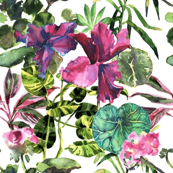 Бесшовные тропические цветы, растения и листья рисунка фона, — стоковое фото