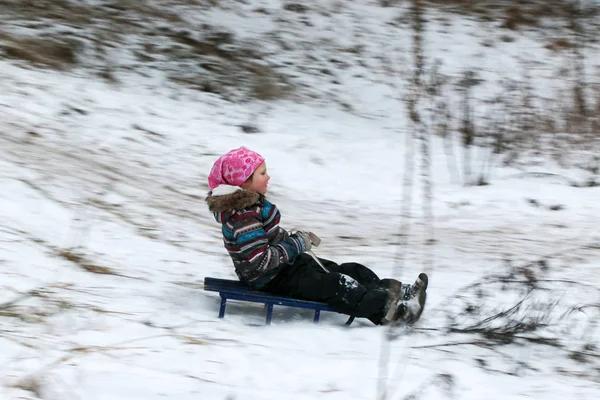 Kleines Mädchen Rollt Schlitten Schnee Den Hügel Hinunter Winter Kiefernwald — Stockfoto