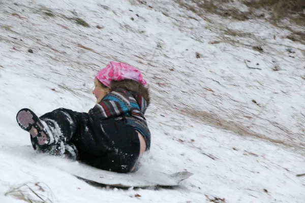 Mała Dziewczynka Rolki Dół Wzgórza Sanie Śniegu Zima Las Sosnowy — Zdjęcie stockowe