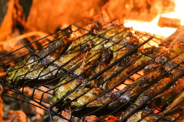 Filetes Salmón Parrilla Parrilla Llama Fuego Restaurante Cocina Jardín Fiesta — Foto de Stock