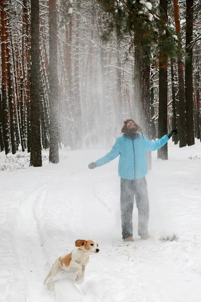 Portrait Cheerful Handsome Young Man Red Beard Winter Pine Forest — Stock Photo, Image