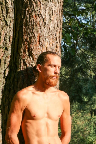 Kızıl Sakal Ormanda Uzun Saç Yakışıklı Bir Genç Adam Portresi — Stok fotoğraf