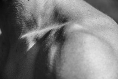 Erkek eli, kaslı bir adamın siyah-beyaz görüntüsü, atletik vücut, kasların güzel erkeksi biçimleri, rahatlama. Güzel güçlü ve esnek vücut, seksi cazibe.