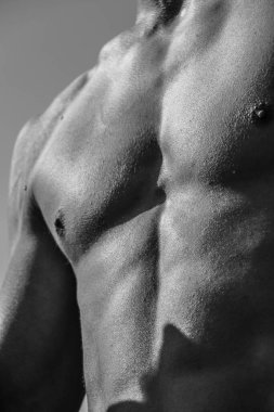 Erkek gövdesi, göğüs omuzları kaslı bir adamın siyah beyaz görüntüsü, atletik vücut, kasların güzel erkeksi formu, rahatlama. Güzel güçlü ve esnek vücut, seksi cazibe.