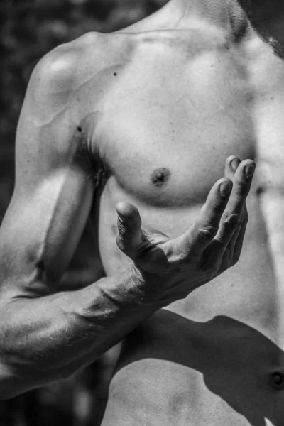 Mains Masculines Gros Plan Image Noir Blanc Homme Musclé Corps — Photo