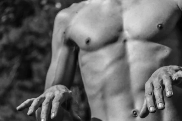 男性手部的特写黑白照片为男性肌肉 体格运动 男性肌肉形态美观 美丽强壮柔韧的身体 性感迷人 — 图库照片