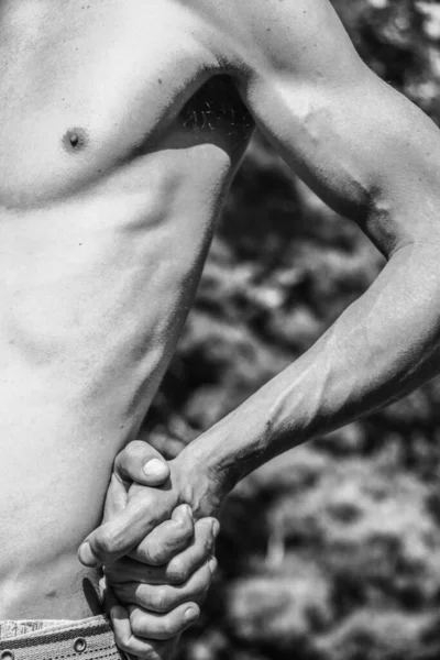 Erkek Eli Kaslı Bir Adamın Siyah Beyaz Görüntüsü Atletik Vücut — Stok fotoğraf