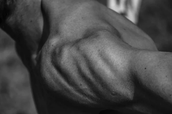 Manos Masculinas Cerca Imagen Blanco Negro Hombre Musculoso Cuerpo Atlético — Foto de Stock