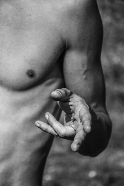 Male Hands Close Black White Image Muscular Man Athletic Body — Stock Photo, Image