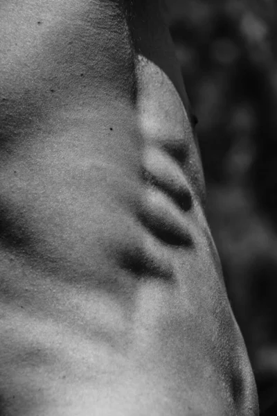 Torso Masculino Ombligo Pecho Hombros Primer Plano Imagen Blanco Negro —  Fotos de Stock