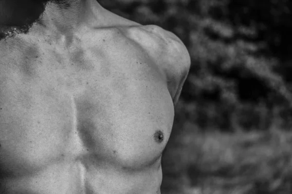 Torso Masculino Barriga Peito Ombros Close Imagem Preto Branco Homem — Fotografia de Stock