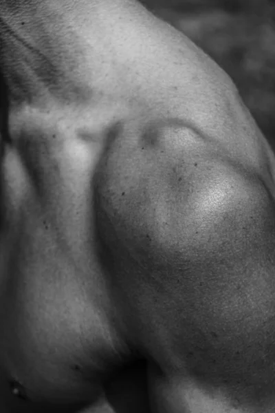 Torso Masculino Ombligo Pecho Hombros Primer Plano Imagen Blanco Negro — Foto de Stock