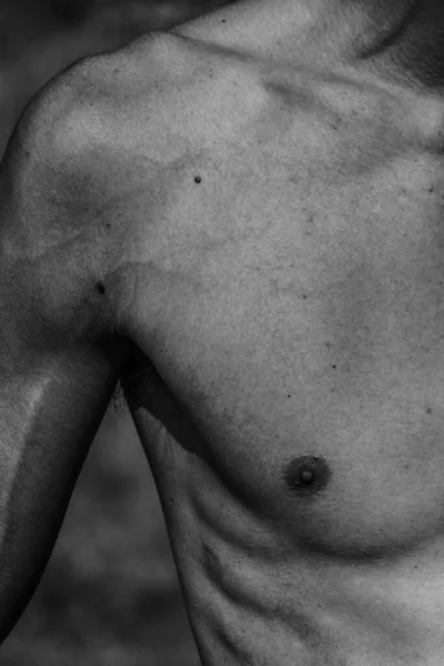 Torso Masculino Ombligo Pecho Hombros Primer Plano Imagen Blanco Negro — Foto de Stock