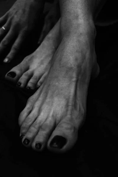 女性の足 黒い背景の上に美しい足とヤシの木が 白黒写真 自然光 — ストック写真
