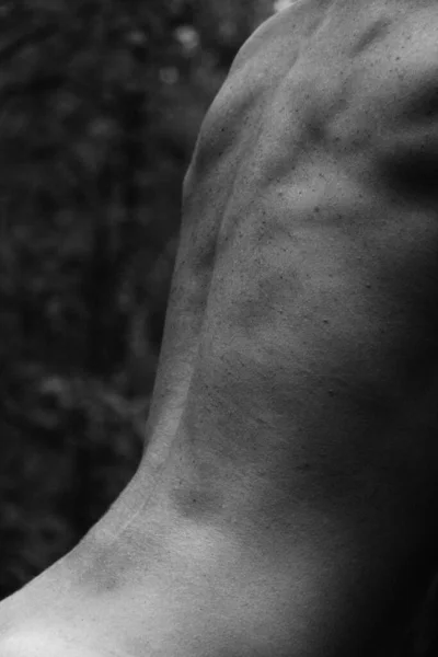 バック裸の女性のクローズアップ優雅なポーズ 美しい運動の女性の体 著名な筋肉 白黒写真自然光 — ストック写真