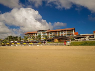 Beyaz kumlu plaj Porto de Galinhas, Pernambuco, Brezilya, Hindistan cevizi palmiye ağaçlarının.