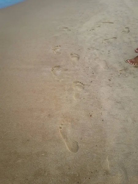 Mulher andando na praia deixando pegadas na areia. Detalhe de close-up de pés femininos no Brasil . — Fotografia de Stock