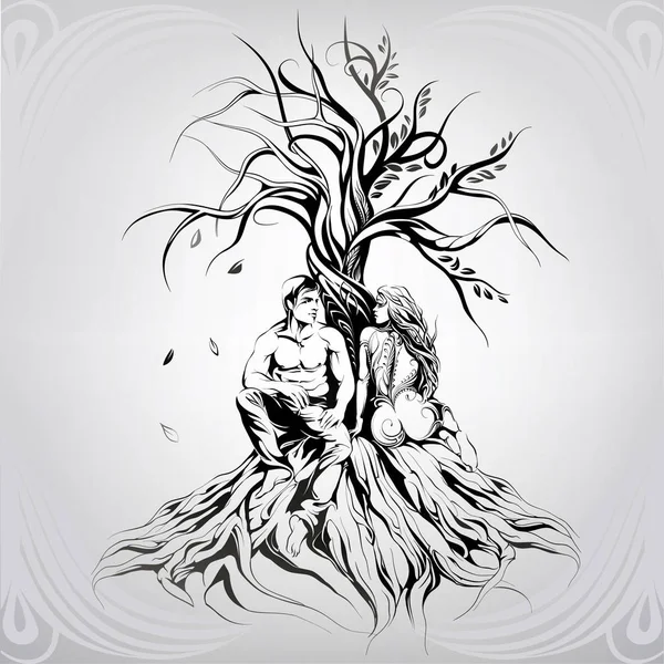L'homme et la femme sont assis sur les racines — Image vectorielle