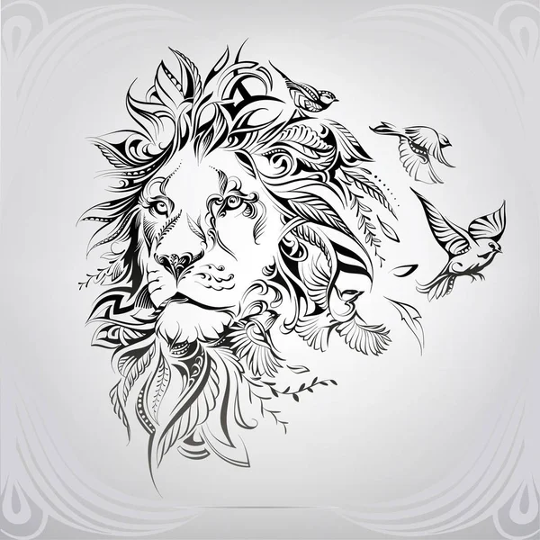 Tête de lion dans un ornement floral avec des oiseaux — Image vectorielle