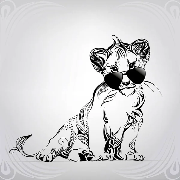 Cachorro de león con gafas en ornamento — Vector de stock