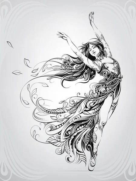 Danza de una niña en un ornamento floral — Vector de stock