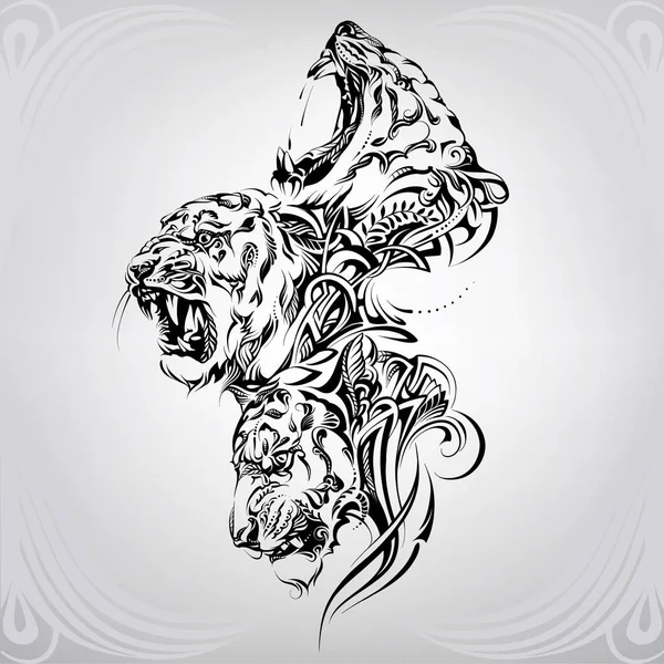 Cabezas de tigres en un ornamento floral — Vector de stock