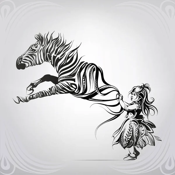 Girl holding zebras by the stripes Stock Vector