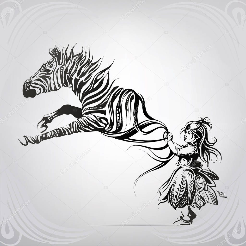 Girl holding zebras by the stripes