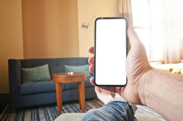 Man with blank smartphone in living room, smart house concept. Point of view perspective