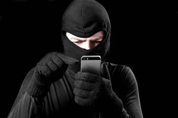 Bad Intentions Cyber Security Risk Villain Dressed Black Holding Mobile — Stock Photo, Image