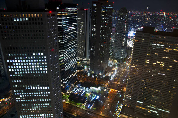 Aerial view of a modern city downtown district at night - Tokyo Shinjuku area, Japan