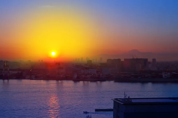 Porto Tokyo Giappone Tramonto Con Monte Fuji Visibile — Foto Stock