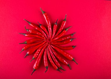 Küçük kırmızı biber kırmızı zemin üzerine daire şeklinde. Düz yatıyordu. Üstten Görünüm. Yükü. Kopya alanı.