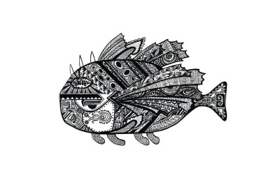 Eski etnik Hint motifleri ile doodling tarzı el çizilmiş balık