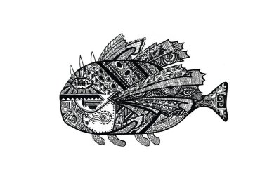 Eski etnik Hint motifleri ile doodling tarzı el çizilmiş balık