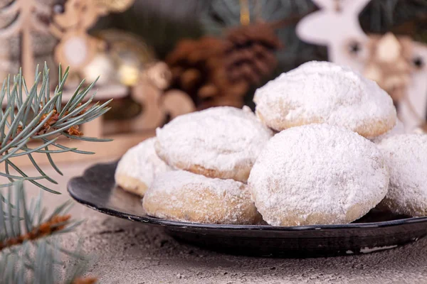 Traditional Christmas cookies biscuits snowballs covered icing s — Stock Photo, Image