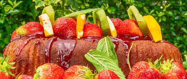 Colourful Summer Cake with fruit and mint leaves also known as Pimms Cake