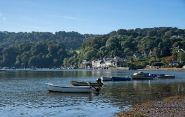 Dittisham, Devon, İngiltere 'den kıyıya demirlemiş tekneler