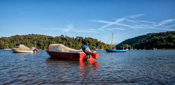 Boats moored on the River Dart near Dittisham, Devon, United Kingdom