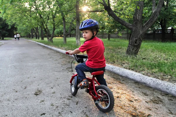Little White Toddler Boy Wearing Protective Helmet His Head Rides — Stock Photo, Image
