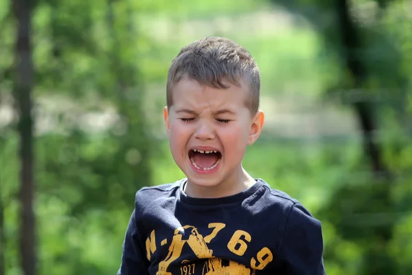 Little Boy Emotionally Crying Yard — Stock Photo, Image