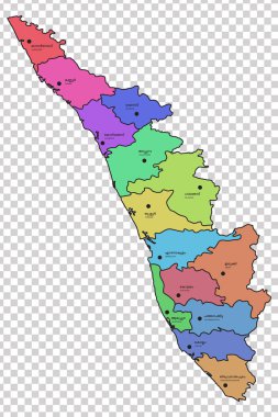 Kerala haritası ile tüm 14 ilçe farklı renklerde vurgulanır. Malayalam ve İngilizce dillerinde ilgili ilçelerin isimleri verilmiştir.