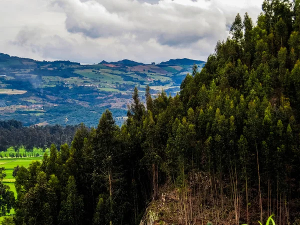 Contrast of wooded mountain with distant mountain and cloudy sky