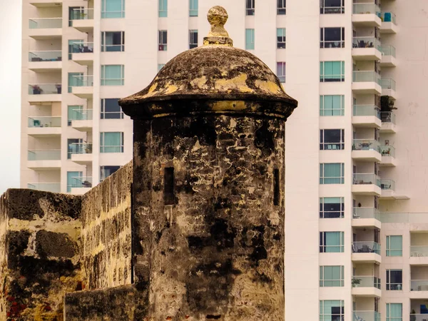 Contrast between old and new city in Cartagena Colombia