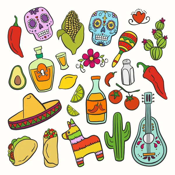 Mexikanische Symbole Farbe handgezeichnete Illustration — Stockvektor